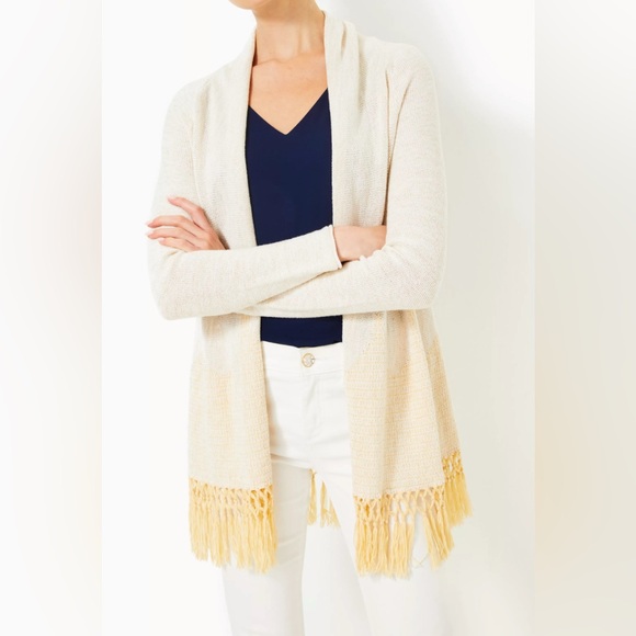 LILLY PULITZER Women’s M Cardigan Tatum Long Fringe Hem Ivory Gold Metallic - Picture 1 of 15